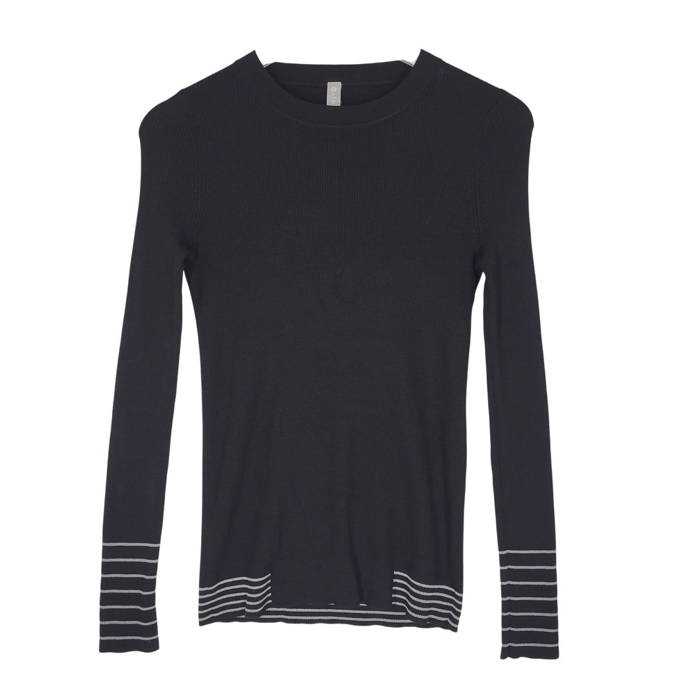 Athleta Sweater Women S Black Silver Striped Ribbed Knit Wool Blend Long Sleeve‎